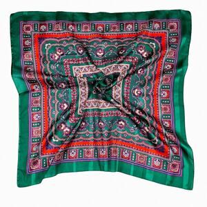 Fashion Scarf Square Green Red Folk Art Style Lightweight Timeless Statement 30"